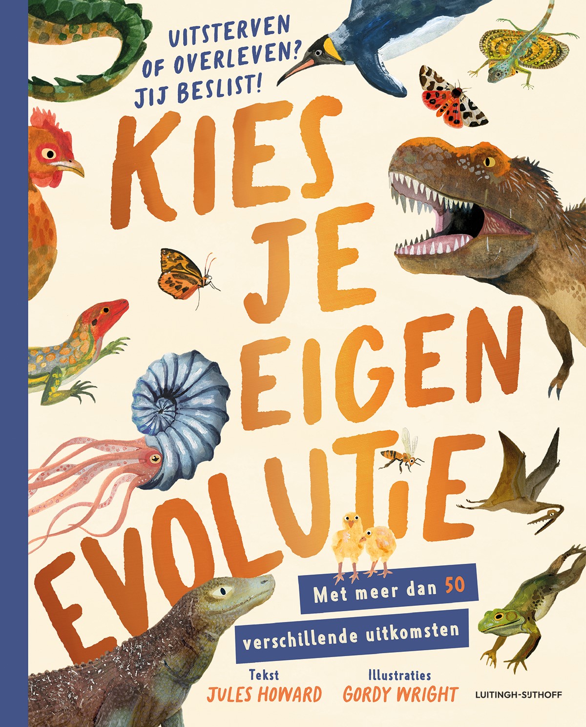 In dit super originele, informatieve boek gaan kinderen zelf op expeditie door de dierlijke evolutie. Zij bepalen de route door het boek. Op elke pagina vind je een spannende tekening van een dier dat zijn eigen overlevingsverhaal vertelt, en aan het einde van elk stukje staat steeds de vraag: wat nu? Blijf je in de zee, klauter je het land op, klim je naar de toppen van bomen, of graaf je een weg onder de aarde? Elke keuze leidt je naar een andere plek in het boek Lukt het je om helemaal door te gaan tot het heden? Of kom je bij een dier uit dat is uitgestorven.
Ach, ook dan stopt het avontuur niet, want je kunt gewoon opnieuw beginnen en een nieuwe route kiezen.
Succes gegarandeerd!