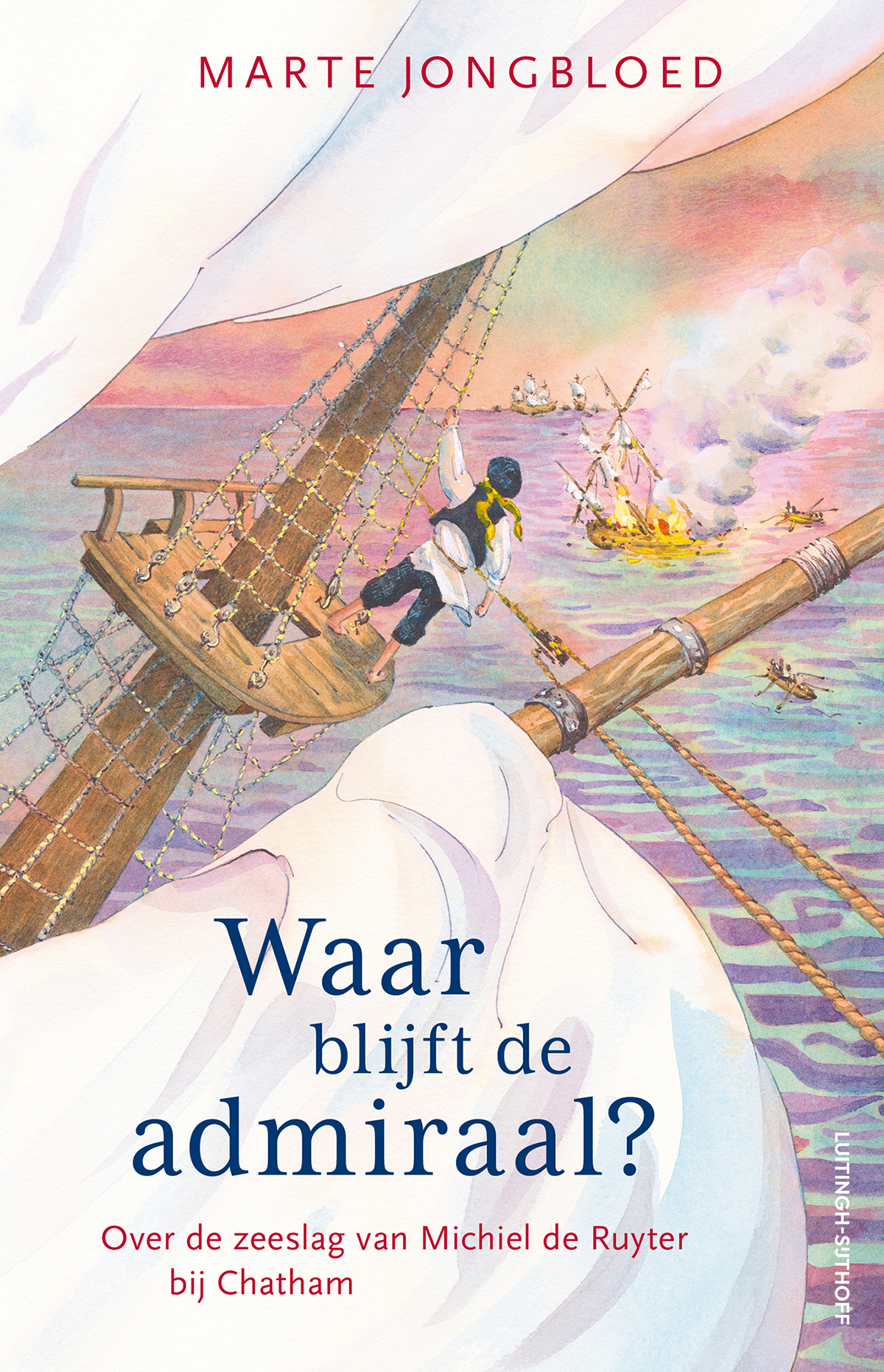 Ga met Pieter mee aan boord van het schip van admiraal De Ruyter en laat je meevoeren door de golven.
Marte Jongbloed mag zich met recht een van de koninginnen van de historische jeugdromans noemen. Keer op keer weet zij kinderen in haar bondige, heldere, superspannende verhalen mee te voeren de geschiedenis in en die op sprankelende wijze tot leven te wekken. Dat deed ze eerder met de Watersnoodramp (Gevaarlijk water), het Leidens Beleg (Gevangen in de stad) en het bombardement op Rotterdam (1300 bommen in 13 minuten) en nu - omdat het in 2026 350 jaar geleden is dat Michiel de Ruyter overleed over de bekendste zeeman in de Nederlandse geschiedenis. In het nawoord gaat ze ook in op de wijze waarop nu naar hem wordt gekeken. Het zijn stuk voor stuk meeslepende boeken die kinderen in een ruk uit willen lezen!