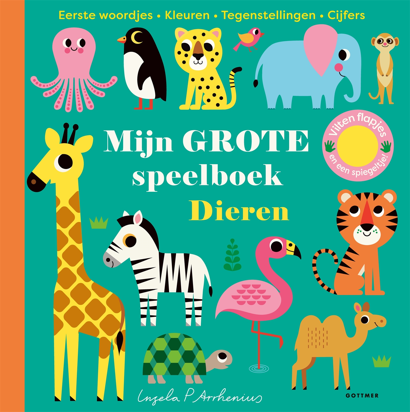 Eerste woordjes, kleuren, dierengeluiden, tegenstellingen, cijfers en op elke pagina een wereld vol vrolijke dieren. Mijn grote speelboek – dieren brengt het allemaal samen. Elke spread heeft een eigen thema. Er zijn plekken, zoals de zee, de woestijn of de bergen. Er is een pagina met tegenstelling: stekelig en zacht, klein en groot. Met kleuren kleuren, cijfers of het geluid dat bij elk dier hoort. Het boek is speels en doordacht tegelijk. Met kleintjes kun je samen kijken, aanwijzen, spelen en eerste woordjes oefenen, later zullen kinderen er steeds meer in ontdekken.De expressieve, kleurrijke beelden zijn van Ingela P. Arrhenius. Deze bijzondere Zweedse illustrator en ontwerpster werkt al meer dan dertig jaar en is wereldwijd geliefd om haar stijl, die je niet alleen in kinderboeken terugziet, maar ook op behang, servies en speelgoed. De vilten flapjes, doorkijkjes en het spiegeltje maken het geheel nog speelser.