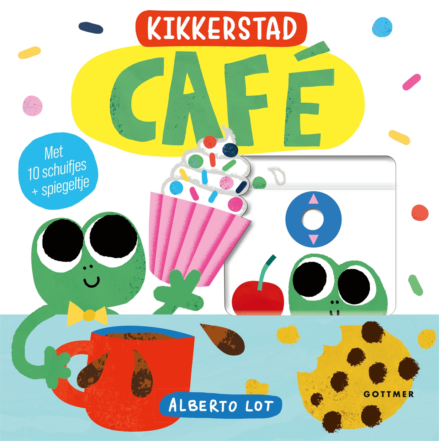 Welkom in het café van Kikkerstad! De kikkers kunnen jouw hulp goed gebruiken. Koffie inschenken, sinaasappels uitpersen, cupcakes versieren: het is allemaal even leuk! Met tien stevige mechaniekjes op elke spread duw, trek en draai je mee. Zo zie je de sinaasappel echt naar beneden zakken en de versiering van de cupcake tevoorschijn komen. Het spiegeltje aan het einde geeft kinderen een laatste vrolijke verrassing.
De illustraties van Alberto Lot zijn vrolijk en grappig. Kinderen zullen deze gezellige wereld steeds willen opzoeken. En in Kikkerstad is natuurlijk nog veel meer te doen. Zo mag je de kikkers in een ander deel helpen in de garage, en dat is minstens zo leuk.
Een serie om te verzamelen!