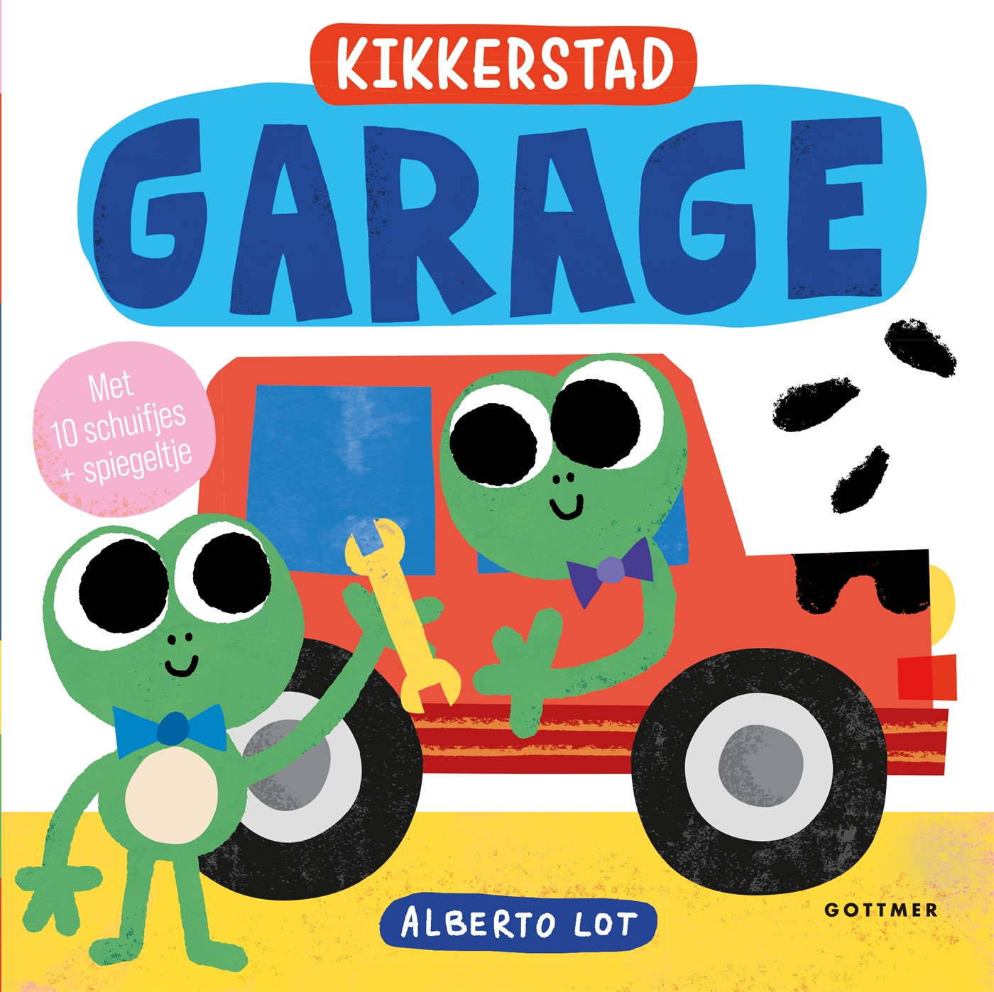 Welkom in de garage van Kikkerstad! De kikkers kunnen jouw hulp goed gebruiken. De auto omhoog liften met de autolift, de motorkap induiken, de band oppompen: het is allemaal even leuk! Met de stevige mechaniekjes op elke pagina duw, trek en draai je mee. Zo gaat de auto echt de lucht in en zwaaien ze naar klanten. Het spiegeltje aan het einde geeft kinderen een laatste vrolijke verrassing.
De illustraties van Alberto Lot zijn vrolijk en grappig. Kinderen zullen deze gezellige wereld steeds willen opzoeken. En in Kikkerstad is natuurlijk nog veel meer te doen. Zo mag je de kikkers in een ander deel helpen in het café, en dat is minstens zo leuk.
Een serie om te verzamelen!