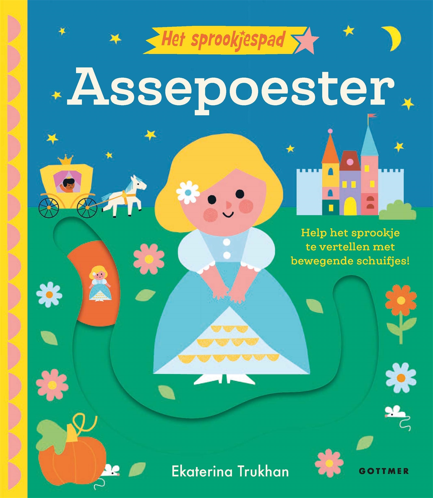 Met de nieuwe, interactieve serie Het Sprookjespad kunnen de allerkleinsten zelf meedoen aan een sprookje.
Het idee is even slim als aanstekelijk: met stevige schuifjes bewegen de poppetjes door het verhaal. Zo helpen kinderen Assepoester met het vegen van de vloer. het vinden van de grootste pompoen en de twee witte muisjes en brengen ze haar en de prins aan het einde van het verhaal naar het paleis. De vrolijke, warme, speelse illustraties van Ekaterina Trukhan trekken kleine kinderen meteen de pagina in.
Het eerste deel, Sjakie en de bonenstaak, is ook een aanrader. Hopelijk volgen er nog veel meer sprookjes!