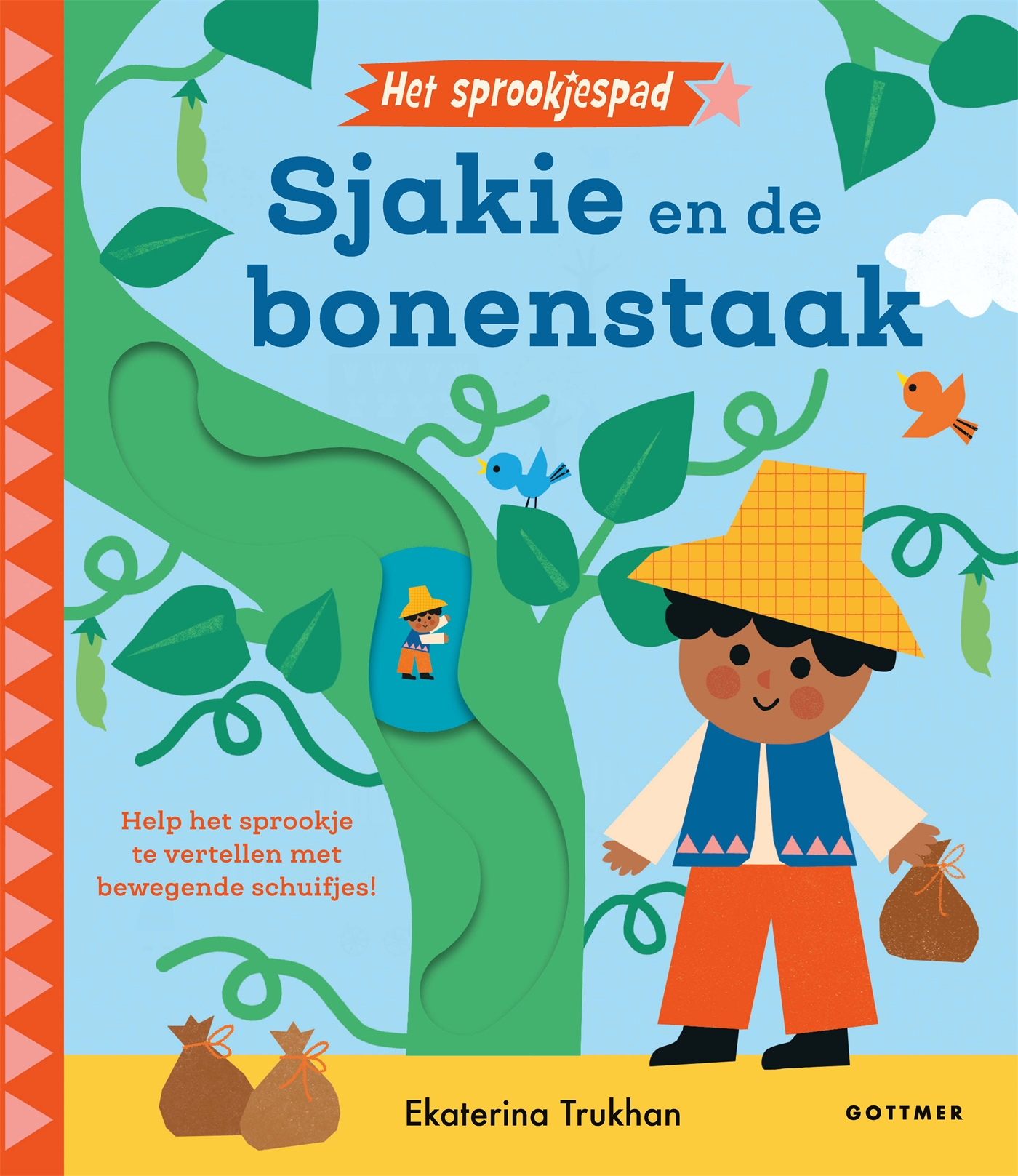 Met de nieuwe, interactieve serie Het Sprookjespad kunnen de allerkleinsten zelf meedoen aan een sprookje. Het idee is even slim als aanstekelijk: met stevige schuifjes bewegen de poppetjes door het verhaal. Zo begeleiden kinderen Sjakie over de kronkelende weg naar de markt, laten ze hem de enorme magische bonenstaak beklimmen en aan het einde weer snel naar beneden vluchten voor de woedende reus.
De vrolijke, warme, speelse illustraties van Ekaterina Trukhan trekken kleine kinderen meteen de pagina in.
Het tweede deel, Assepoester, is ook al verschenen en even fijn. Hopelijk volgen er nog veel meer sprookjes!