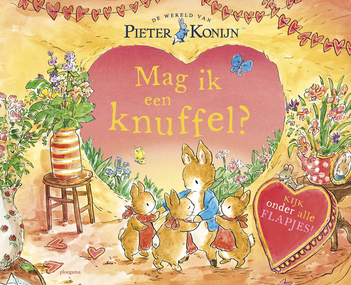 Flopsie, Mopsie en Wipstaart maken hartjes om aan Pieter Konijn en mama te laten zien hoe lief ze hen vinden. Pieter wil wel meedoen, maar dat gepriegel en geklungel met schaar, lijm en papier is helemaal niks voor hem. Voor hij het weet plakt zijn hele vacht! En dus gaat hij op zoek naar een andere manier om zijn moeder en zusjes te laten zien hoe lief hij hen vindt.
Op de hartverwarmende beelden die volgen gaat Pieter op bezoek op allerlei wonderlijke plekken, bij bekende personages als Jozefien Kwebbeleend en Timmie Tuimlaar en natuurlijk ook naar de moestuin van meneer Verhoef.
Op elke bladzijde mogen kinderen Pieter helpen door achter de flapjes te kijken of daar misschien een mooi cadeautje verborgen ligt.
Wat een lieve, fijne, knusse, speelse manier om kinderen kennis te laten maken met de betoverende wereld van Beatrix Potter!