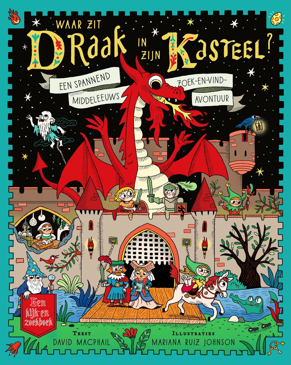 Wauw. wat een bijzonder fraai uitgegeven boek is dit! De middeleeuwen ontdekken was nog nooit zo leuk!
Vlammerd de draak neemt kinderen mee op een wervelende reis de geschiedenis in. Dat begint allemaal in het tot de verbeelding sprekende drakenkasteel. Daar leren kinderen over kantelen, wachttorens, vestingmuren en nog veel meer. Op de volgende adembenemend spread ontdekken wie een kapelaan, rentmeester en klerk is. Sla je de bladzijde om dan wordt het steekspel van de ridders uitgelegd en verbeeld. En dan ben je nog maar aan het begin van je reis. Ook de omgeving, smerige klusjes, magie, geneeskunde, gevaren, feesten en nog zoveel meer wordt helder en beeldschoon aan kinderen voorgeschoteld. Op elke spread mogen zij zoeken naar personages.
Dat de wereld van het kasteel zo levensecht tot je komt is niet voor niets. David MacPhail is beheerder van een waar 16e-eeuws kasteel in Schotland.