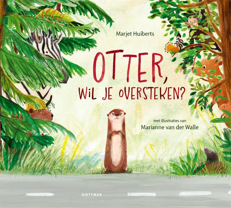 'Wat een rotweg,' moppert Otter. 'Er is veel te veel verkeer.
Ik kan beter níét gaan zwemmen in het grote blauwe meer.'
Otter wil dolgraag zwemmen, maar dan moet hij eerst oversteken en van al die auto's voor zijn snoet wordt hij vreselijk zenuwachtig.
De dieren in het bos willen hem dolgraag helpen. Een vogel roept dat hij toch gewoon kan overvliegen. Een kangoeroe biedt een lift aan in zijn buidel. De mol nodigt hem uit om ondergronds te gaan en de zebra wil zelf wel een zebrapad zijn en zo gaat het door.. Het zijn stuk voor stuk te gekke ideeën, maar Otter besluit iets flinks: 'Hij kijkt goed naar links en rechts en daarna nóg een keer naar links.'
Dit prentenboek is niet alleen een heel mooi avontuur, maar ook een verhaal waarin kinderen die wel wat vertrouwen mogen krijgen zichzelf kunnen herkennen. Terwijl ze meegevoerd worden in het klinkende rijm kunnen ze helemaal opgaan in de tekeningen van Marianne van der Walle die kunstig met de ideeën meeschuiven. Bij de vogel kijken ze van bovenaf mee, bij de mol duiken ze de grond in. Wat een voorleesfeest!