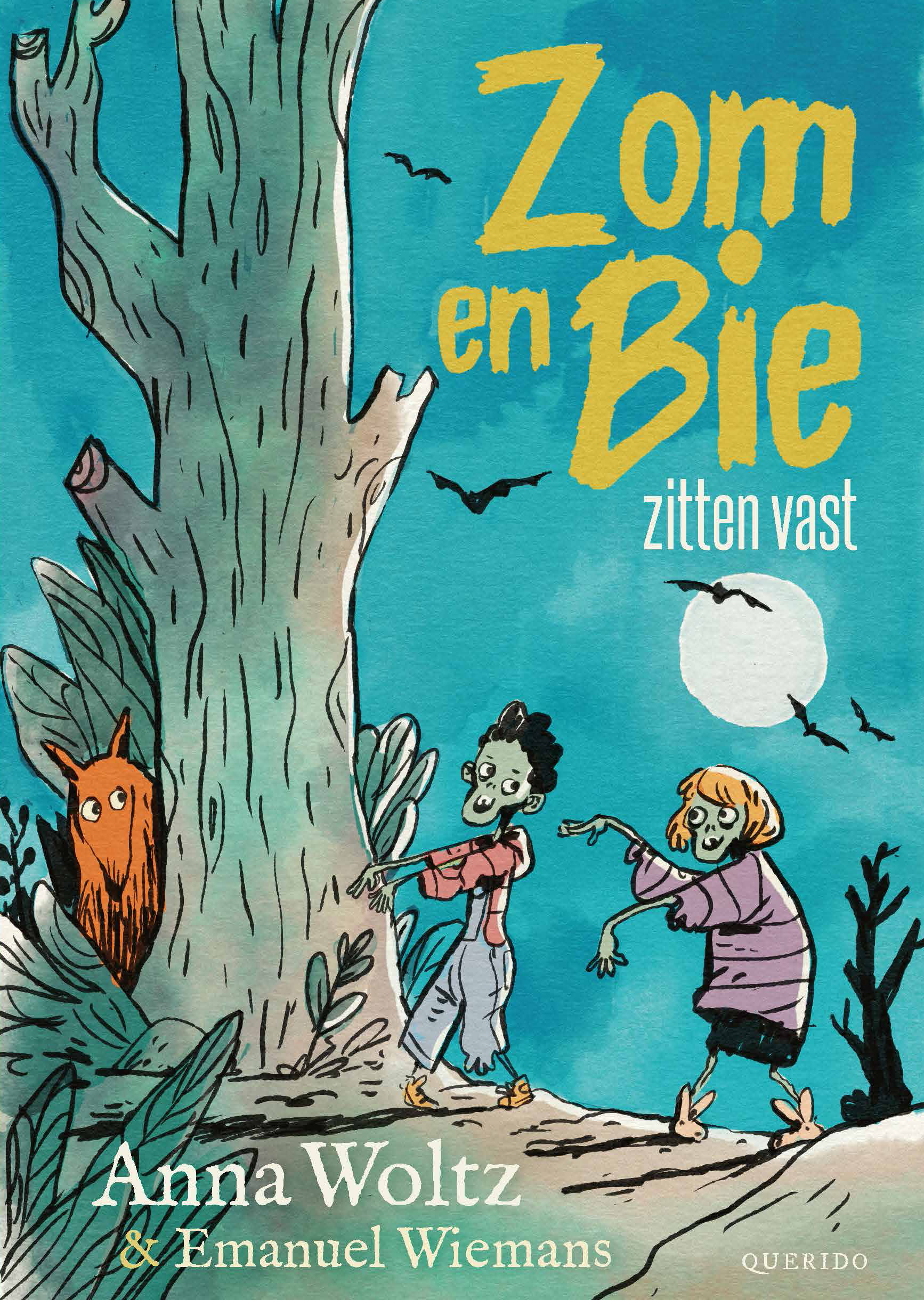 Zom en Bie zijn het spuugzat. Al meer dan duizend jaar doen ze precies hetzelfde: rondspoken, ridders, dokters, juffen laten schrikken en ze daarna opeten. Ze vinden hun leven te saai. En erger nog, Bie houdt niet eens van mensen. Ze eet ze alleen omdat dat nu eenmaal is wat een zombie hoort te doen. Het moet anders en dus besluiten ze op zoek te gaan naar de baas. Onderweg sluiten een wolf en een prinses zich bij hen aan, ook zij zijn klaar met de rol waar ze in vastzitten.
Wie die baas blijkt te zijn, is een vondst van Anna Woltz die ik hier niet ga verklappen. Ik kan je wel vertellen dat het heel origineel is en dat het alles verandert. Voor hen én voor de baas.
De tekst is opgebouwd uit korte, krachtige zinnen die geweldig zijn voor beginnende lezers. De tekeningen van Emanuel Wiemans bewegen levendig met het verhaal mee. Zou en Bie zitten vast is een te gek nieuw Tijgerlezen-boek, mijn lievelingsserie voor kinderen die leren lezen.  Iedereen zit wel eens vast. Misschien is je eigen fantasie dan wel het beste medicijn.