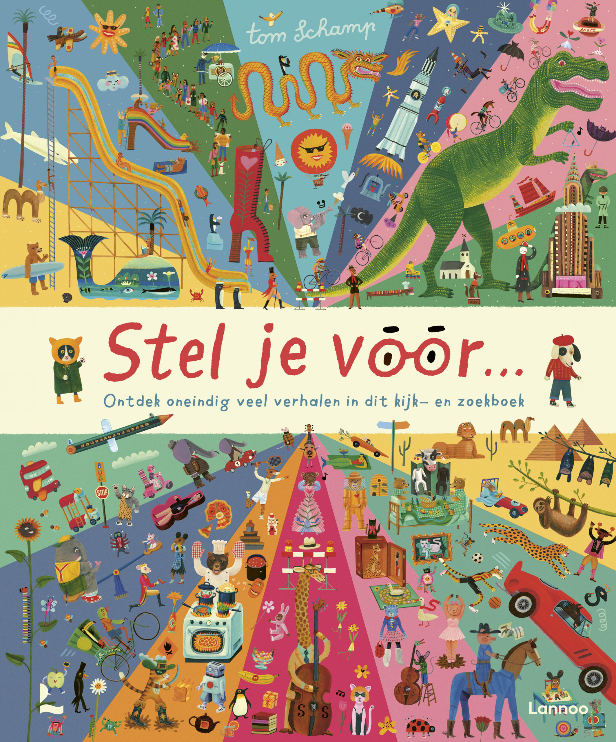 Stel je voor… is het spectaculair prachtige nieuwe boek van Tom Schamp. Een fantastische fantasie-explosie, waarin kinderen uitgenodigd worden om steeds een nieuw verhaal te bedenken. Dat doen ze door zichzelf op elke adembenemende spread de vraag ‘Stel je voor…?’ te stellen.
Aan het begin van het boek zegt Tom Schamp: ‘Hoe ruimer je denkt, hoe meer er kan en hoe leuker het wordt’. Dit boek laat zien hoe je dat doet en helpt erbij door op elke spread heel veel mogelijkheden te bieden. Wat ga je eten? Wat trek je aan? Waar reis je naartioe? Als je naar de speeltuin gaat, waar ga je dan in? Welk huisdier wil je? Waar wil je slapen? Wat heel gaaf is, is dat het niet alleen de voor de hand liggende keuzes zijn. Dat zijn ook waanzinnige mogelijkheden, maar er zitten ook hele gave toverwoorden. Overigens heel erg mooi vertaald door Bette Westera.  Door zo creatief en ruim te denken, ontdek je wat er allemaal mogelijk is, wat er in je verbeelding allemaal kan gebeuren en hoe je elke keer als je dit boek openslaat een in heel nieuw verhaal kan verdwijnen. Waanzinnig!