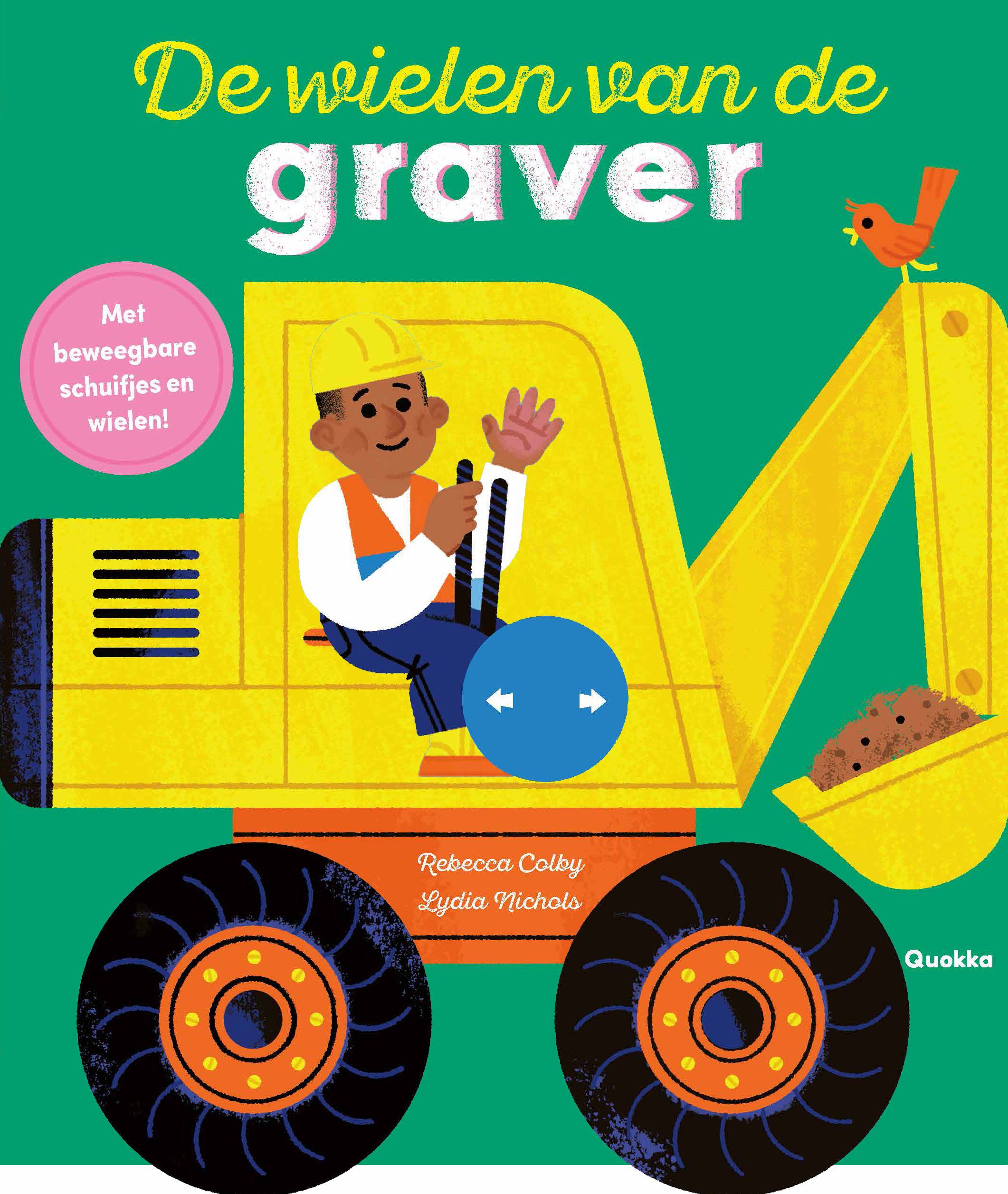 Rebecca Colby en Lydia Micols maakten lekker stevig, erg origineel, interactief kartonboek bij De wielen van de graver. Al op het omslag mogen kinderen spelen met de beweegbare schuifjes en dat interactieve element blijft op elke pagina terugkomen. Kinderen laten de wielen van de graver zelf ronddraaien, bewegen de arm op en neer, laten de graafbak in en uit laden en doen het deurtje open en dicht. Aan het einde mogen ze de hele route naar huis nog eens helemaal afleggen. Voor heel veel lees-, zing- én speelplezier!
Er is ook een ander deel dat net zo leuk is. Dat heet De wielen van de bus!