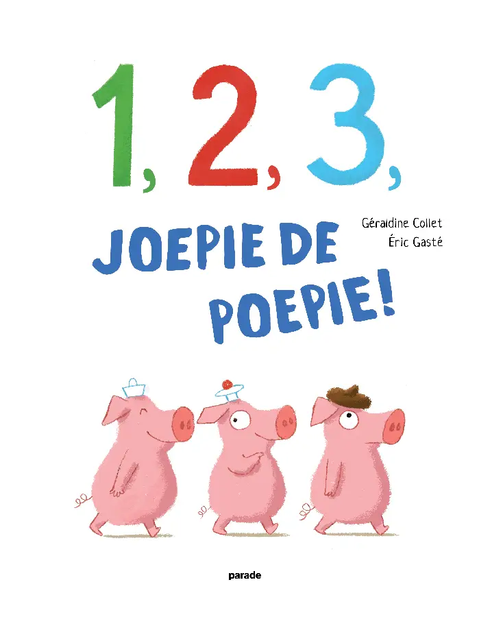 3 zegt de kat.
Drie drolletjes voor jou,
hoe vind je dat?
Tot toen leren tellen was nog nooit zo stinkend leuk! Hoe hoger het getal, hoe groter de drol. Bij 1 poept een mier nog een minikeuteltje waar je met een vergrootglas naar moet kijken, maar bij 10 blijkt de olifant de grootste poepert van het land. Elk cijfer heeft een kort rijmpje.
De tekeningen van Gasté zijn groot, helder en vol kleine grappen. Zo heeft het eekhoorntje rode wangetjes en kijkt de hond beteuterd naar de drolletjes die de kat in zijn etensbak heeft gedaan. Zelfs op het omslag kunnen kinderen al een drol spotten.